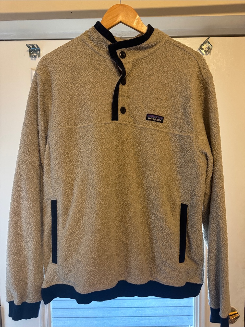 Patagonia Tan Fleece Snap-Front Pullover with Navy Trim
